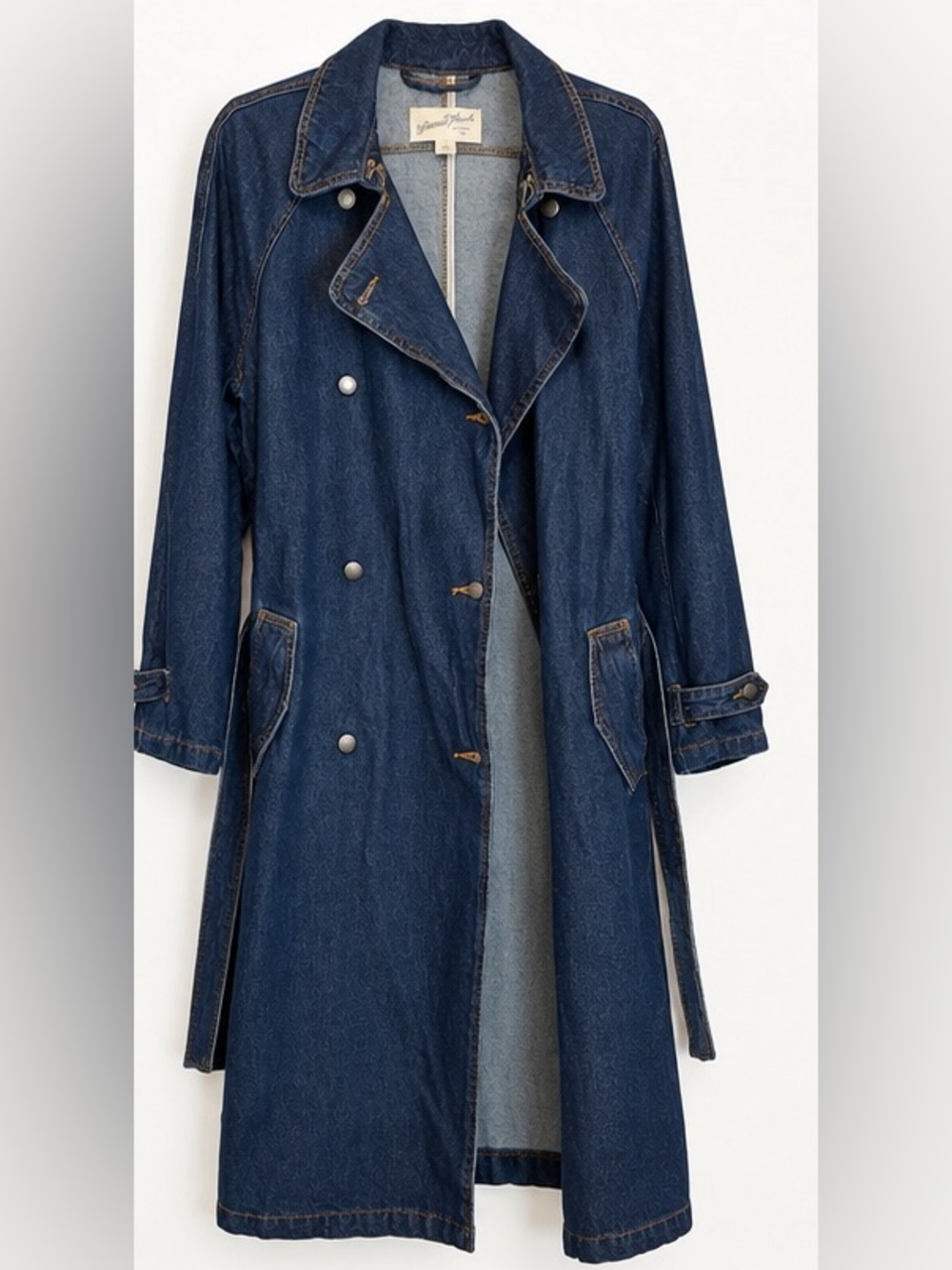 Universal Thread Denim Trench Coat Women M Dark Wash Long Belted Jean Jacket